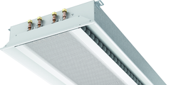 Poutre de plafond à induction avec soufflage deux directions et batterie montée horizontalement, pour résilles de plafond de 600 ou 625